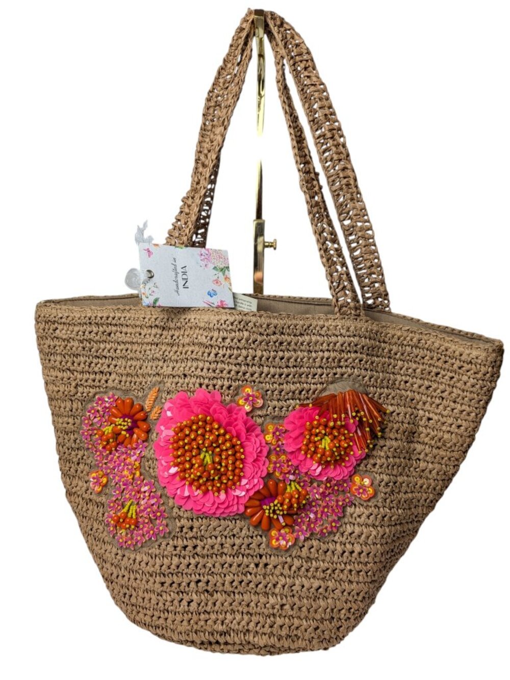 NWT Artisan Handcrafted in India Pink Mauve Floral Beaded Woven Tote